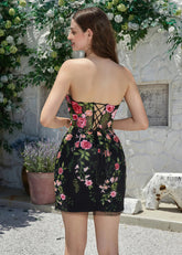 Eulalie | Discover the Perfect Black Homecoming Dress: Floral, Strapless & Backless Elegance - Black Floral - PromDressClub